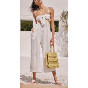 Anthropologie Wrenley Suspender‎ Pant White Cotton Gauze Wide Leg Jumpsuit Small